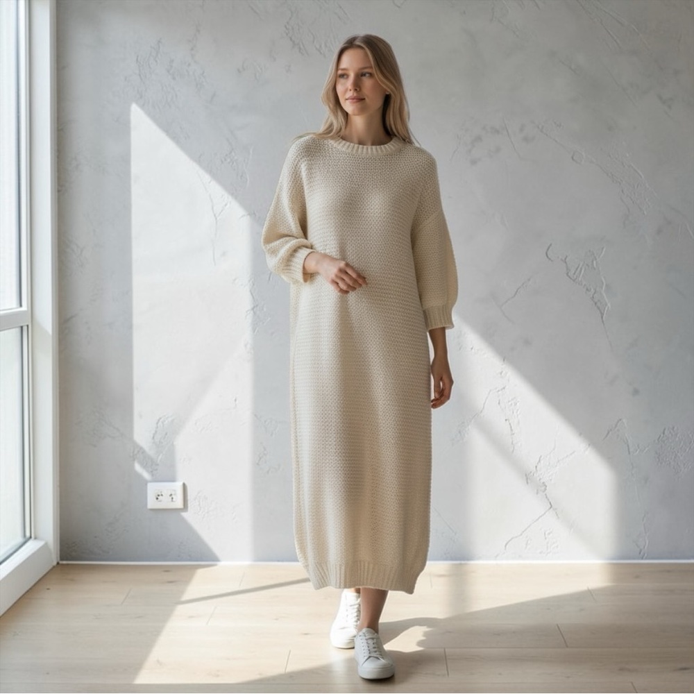 Zara Alpaca Wool Blend Long Oversized Knit Maxi Dress Sweater Cream Ivory Size S